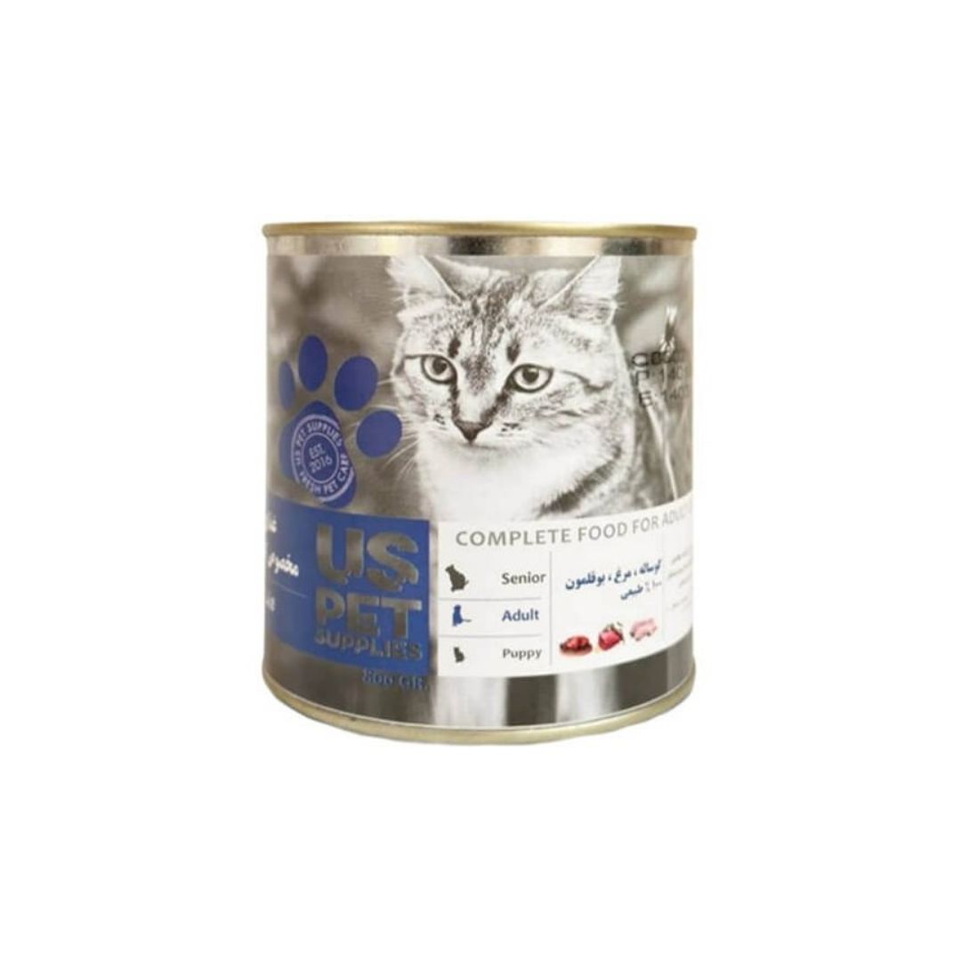 کنسرو گربه بالغ یو اس پت با طعم گوساله، مرغ، بوقلمون 800 گرمی